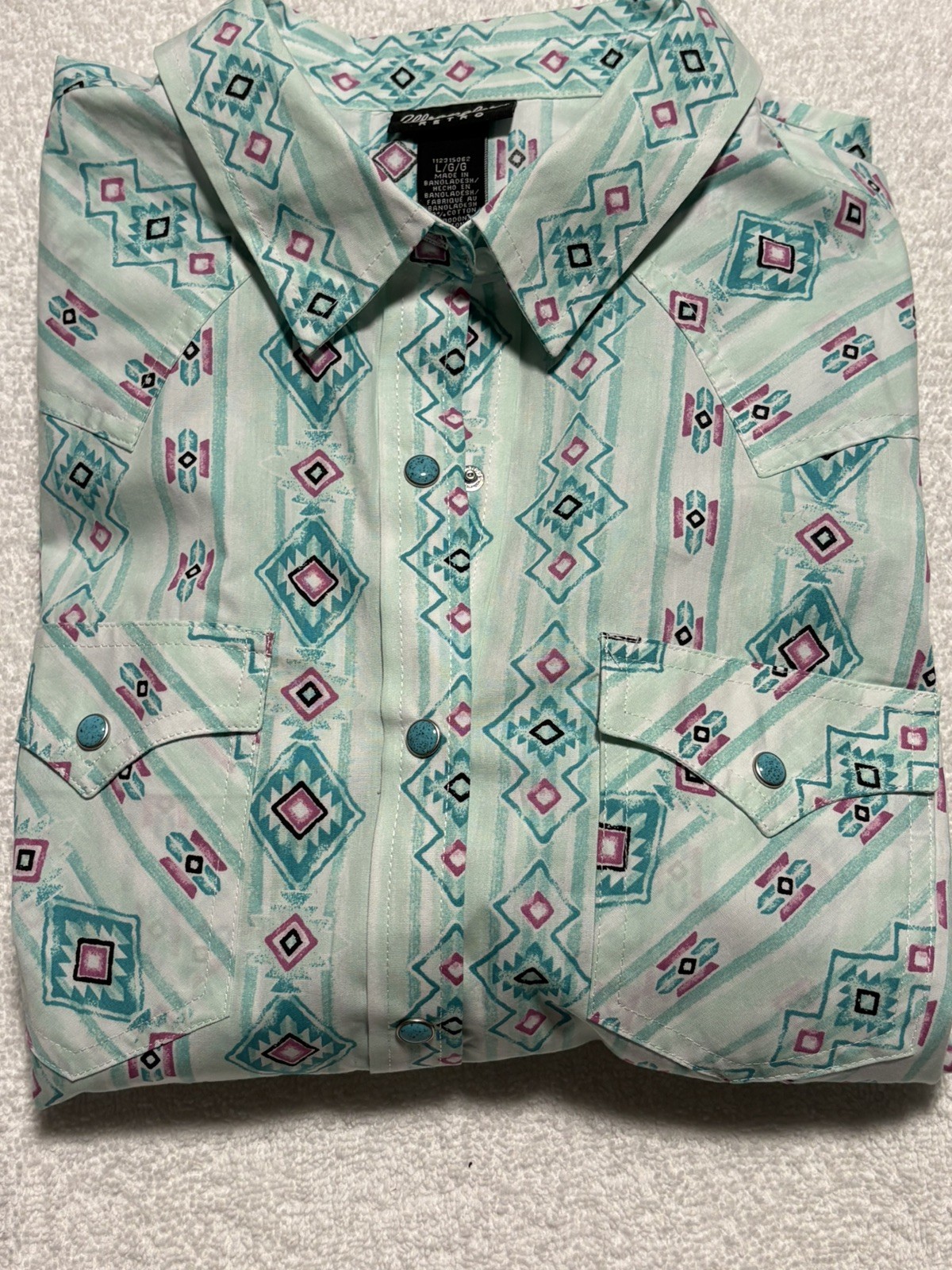 Wrangler Retro Women’s L western Pearl Snap Shirt Aztec Turquoise Southwestern