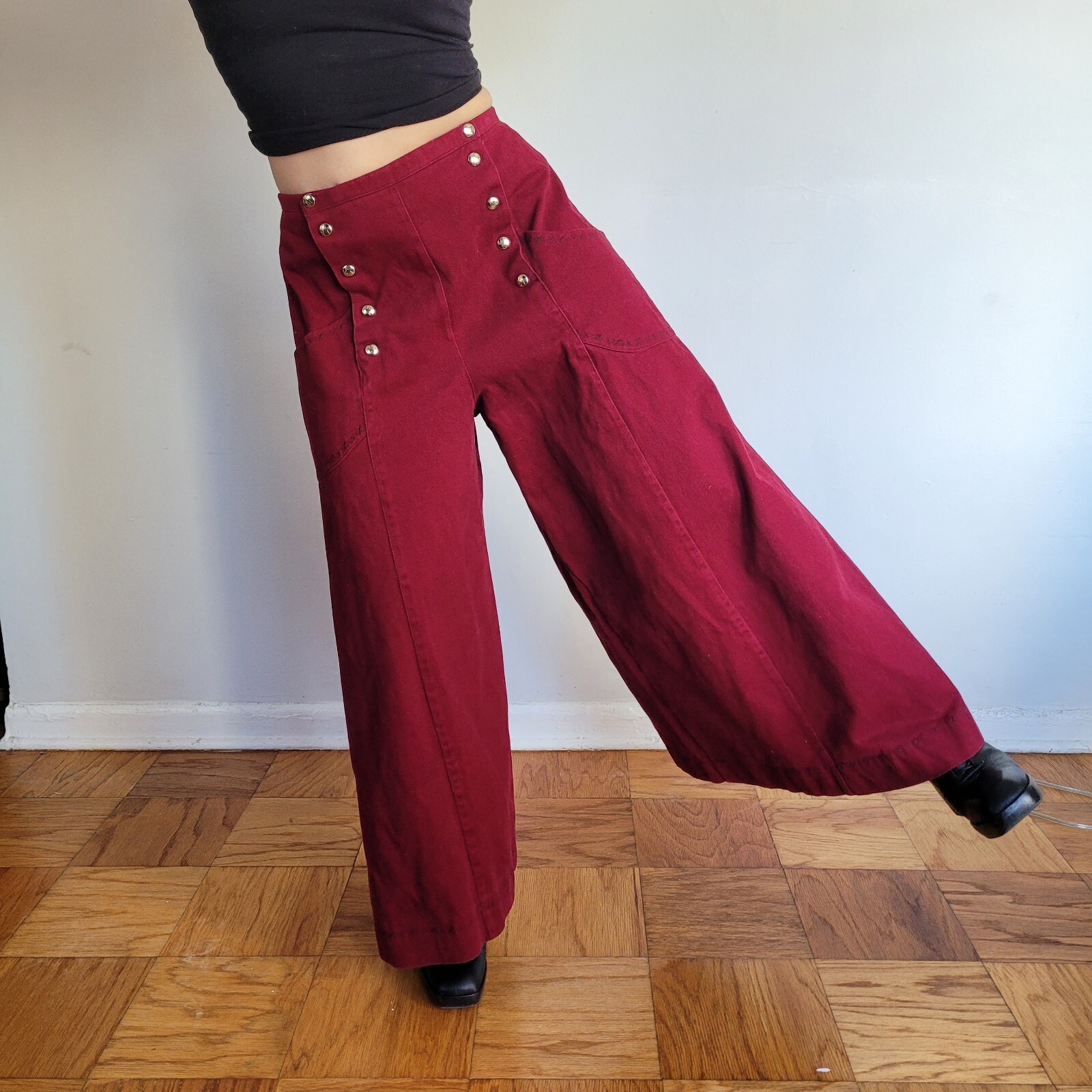 Vintage Maroon Wide Leg Bell Bottom High Waist Pant Hippy Rave 24″ Bell Size 29
