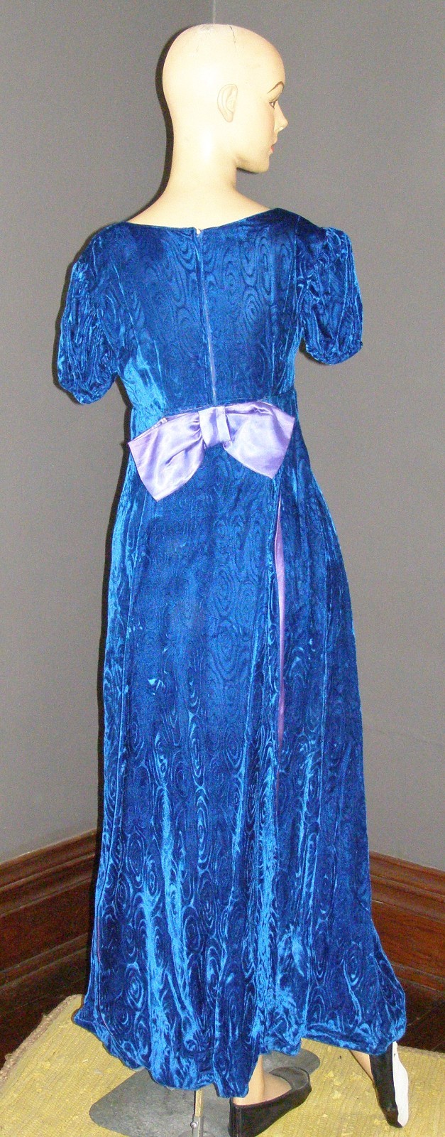 Vintage 60’s royal blue swirl VELVET maxi dress S M BOW back & hair comb regal