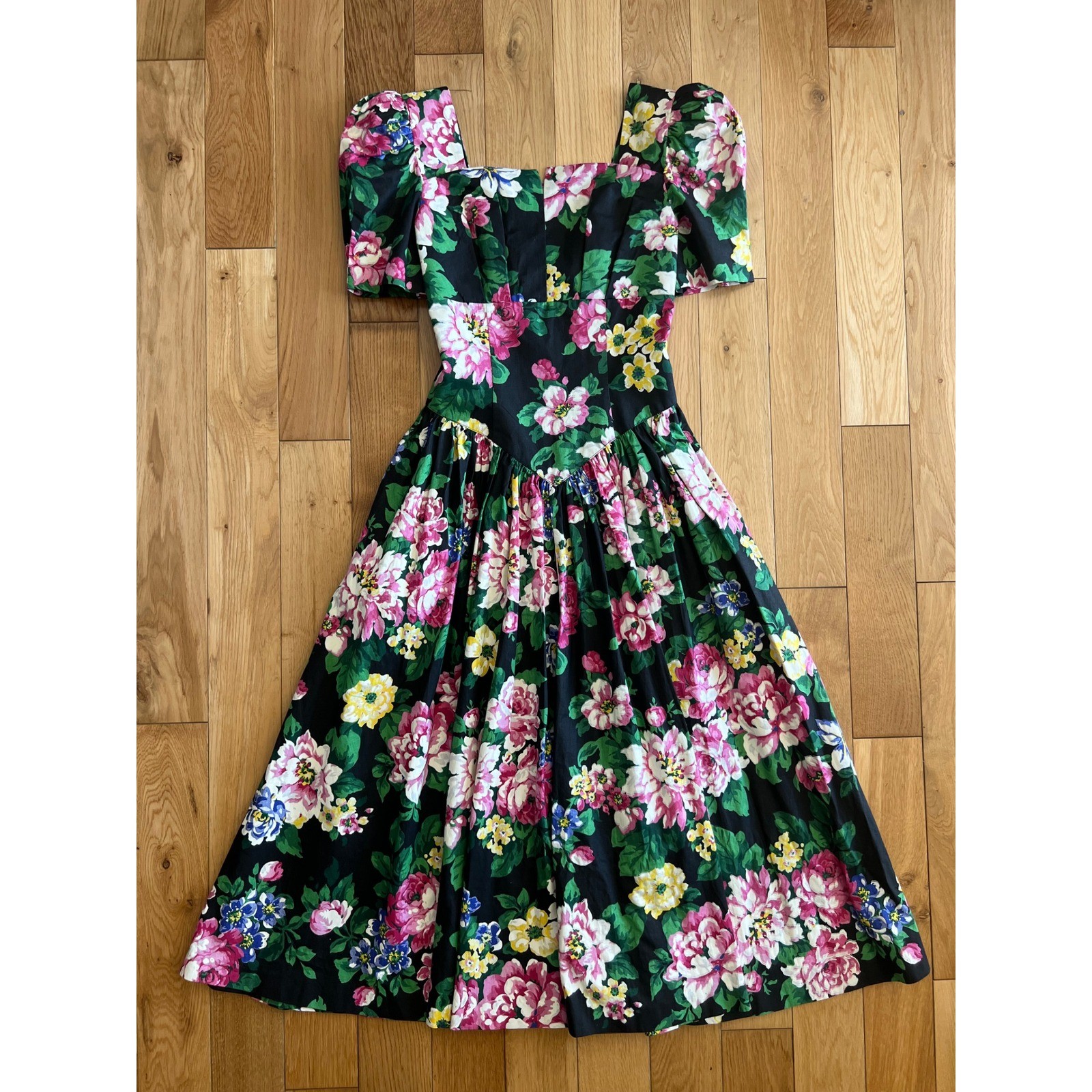 Vintage Robbie Bee Floral Puff Sleeve Midi Dress Square Neck Cotton Drop Waist 4