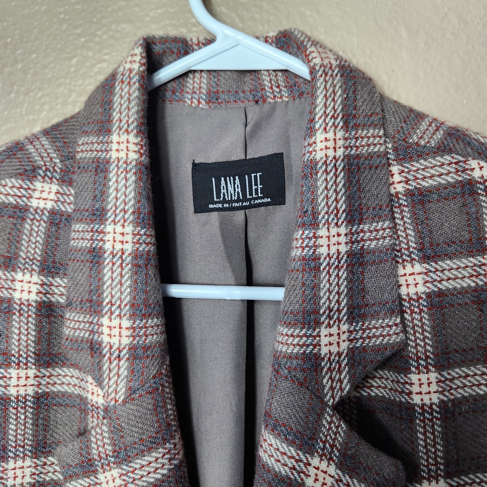 Vintage Lana Lee Womens Taupe Plaid Wool Blend 2 Button Blazer-Size 14