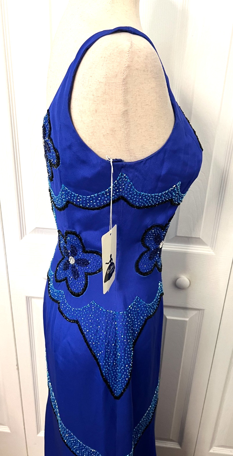 Vtg MIKE BENET FORMALS Sz 8 100% Silk Long Gown Dress Blue Floral Beaded Prom