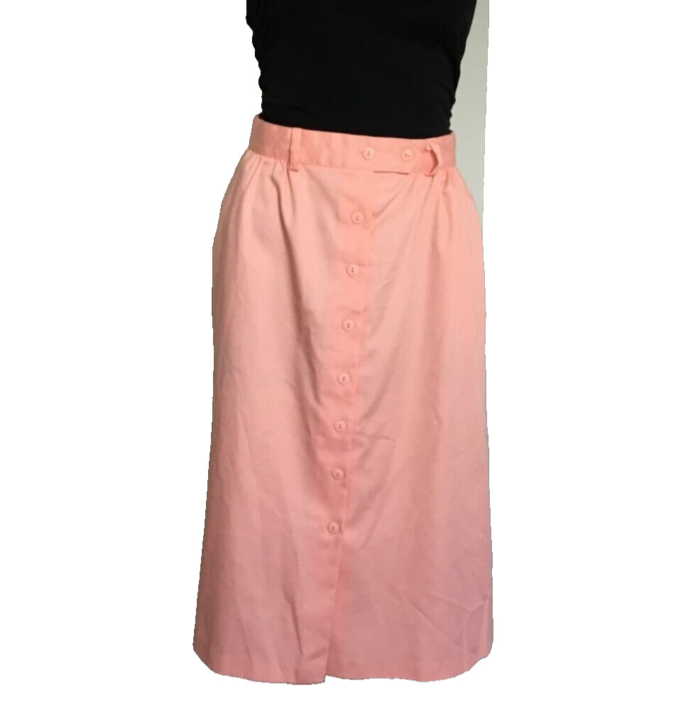 Vintage 1980s Julane New York Button-Down Mid-Calf Skirt w/ Pockets, Peach,