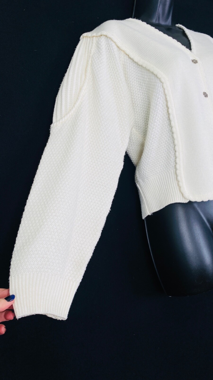 Vintage 1980s white sweater, Victorian style oversized crop cardigan knit top M