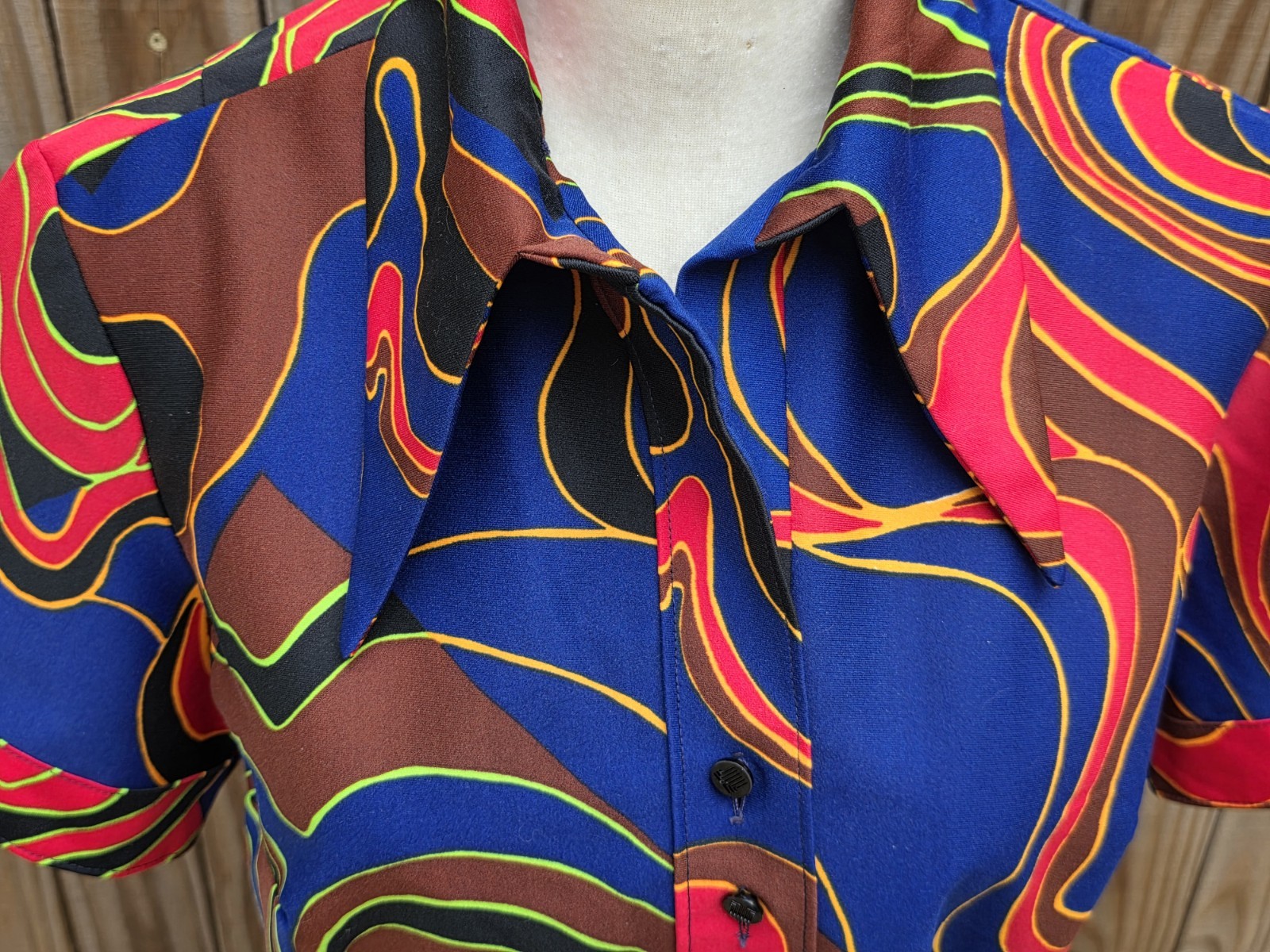 Vintage Lanvin Colorful Psychedelic Geometric Pointed Collar Short Sleeve Dress