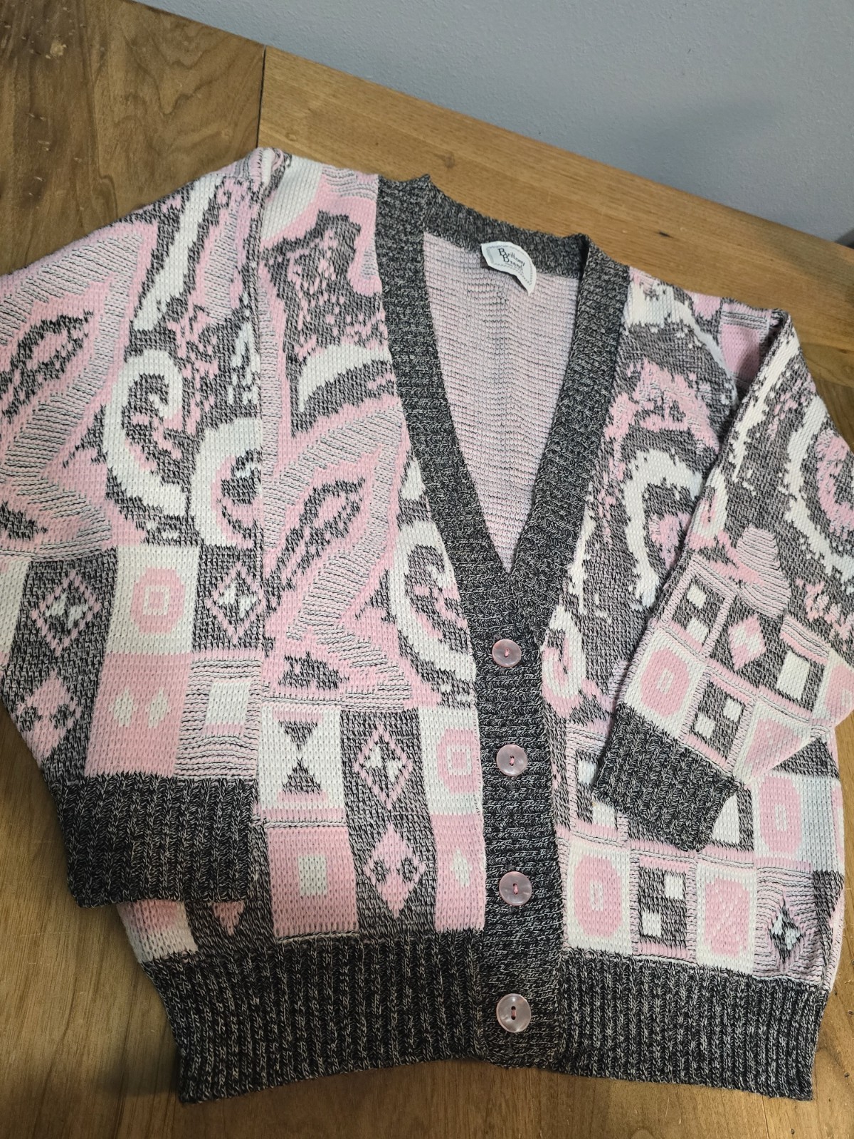 Vtg 90’s Brittony Brand Slouchy Pink Gray & White Knit Cardigan See Measurements