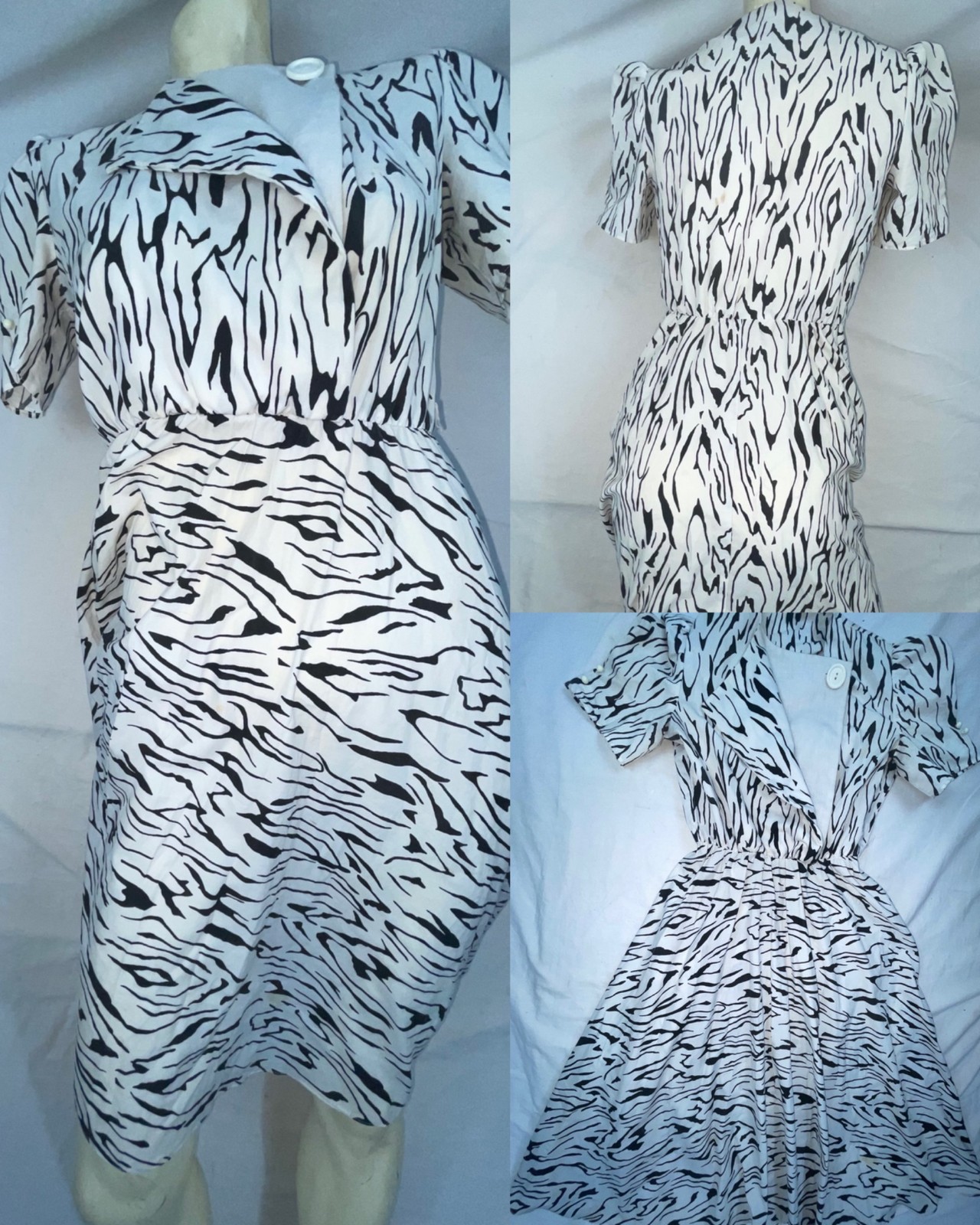 VTG 80S WOMENS SMALL TIGER STRIPE WOMENS RETRO NEW WAVE BLACK AND WHITE DRESS