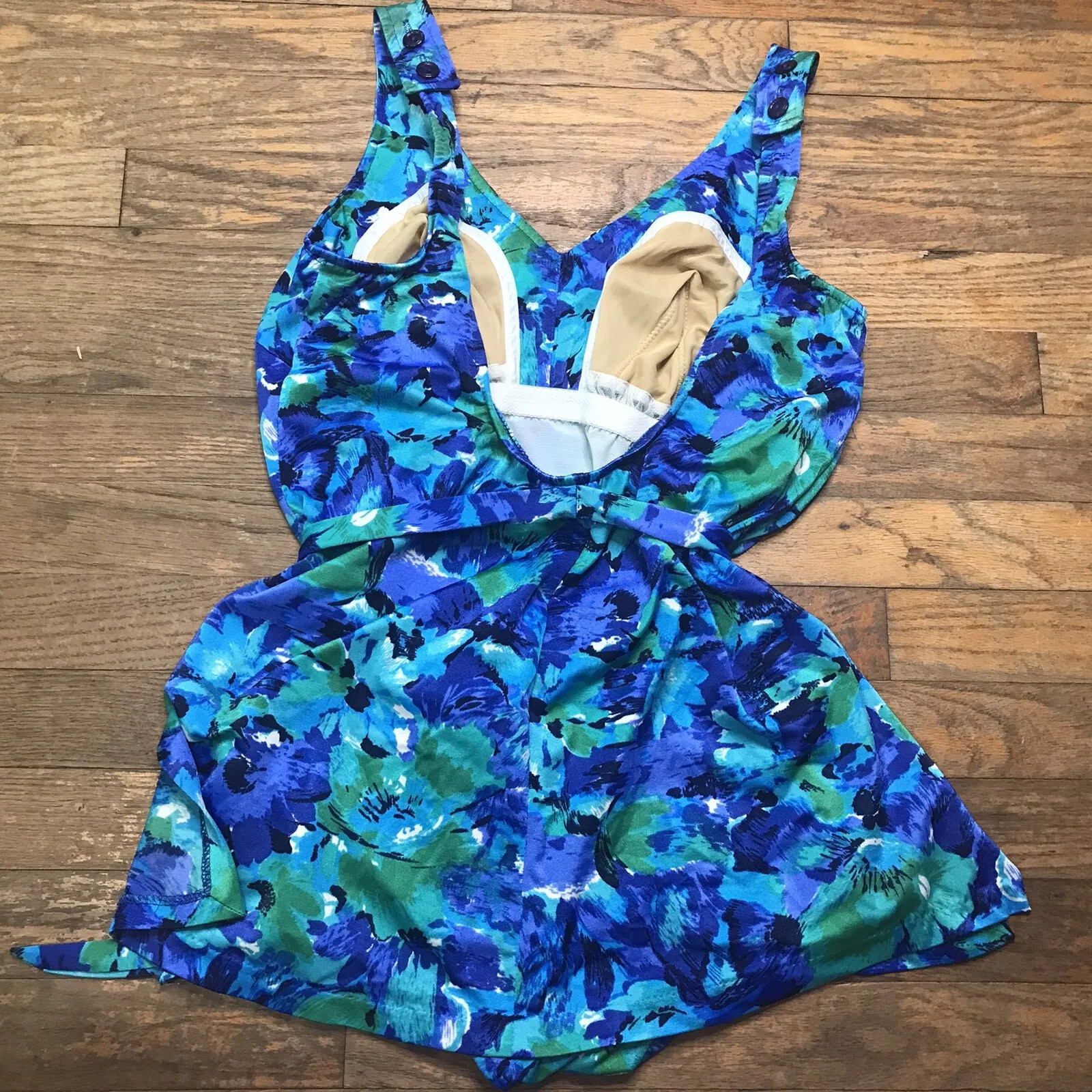 Maxine of Hollywood Size 14 Vintage Bathing Suit Blue Floral Print Belted