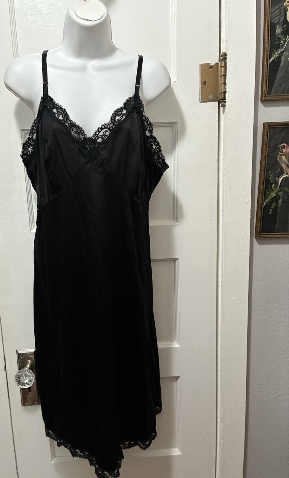 Vtg GAYMODE Black Long Women’s Slip 100% Nylon Lace Pinup 40 L XL