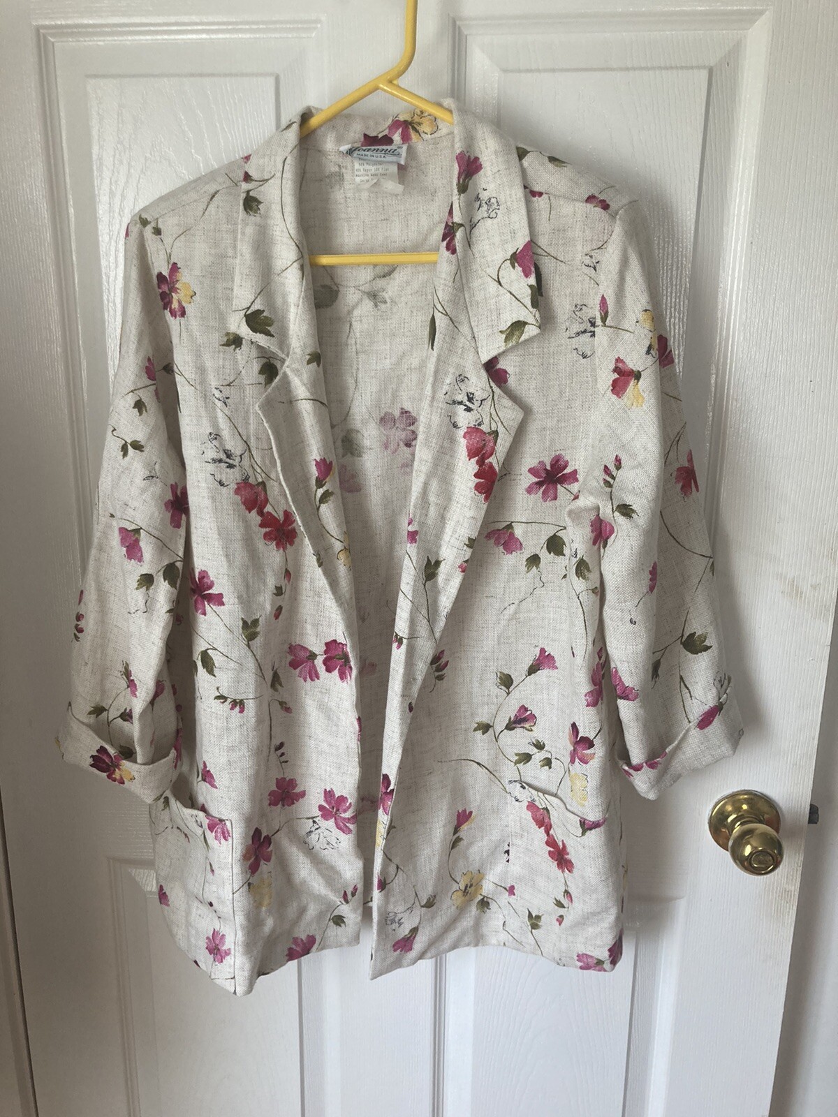M Scattered Floral Textured Weave Vtg 80s V-neck Pocket Blazer 3/4 Sleeve Jacket