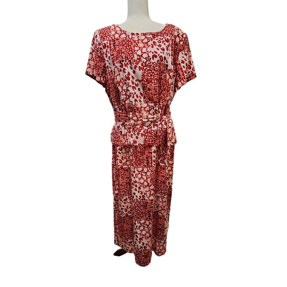 Vintage 90s Sag Harbor Missy Red Printed Midi Belted Dress Size 16