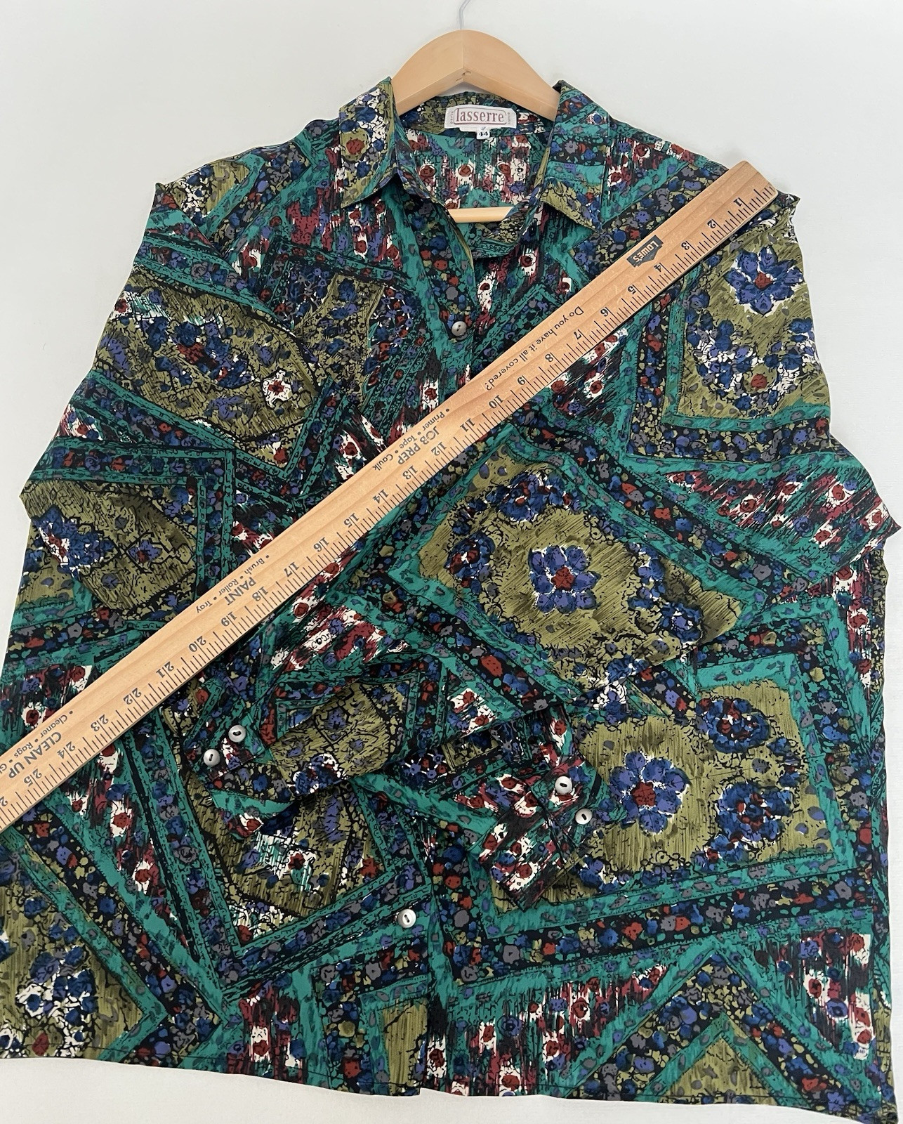 Vintage 80 LASSERRE Paris Floral Green Top Blouse Sz 44/12 US France Luxury Soft