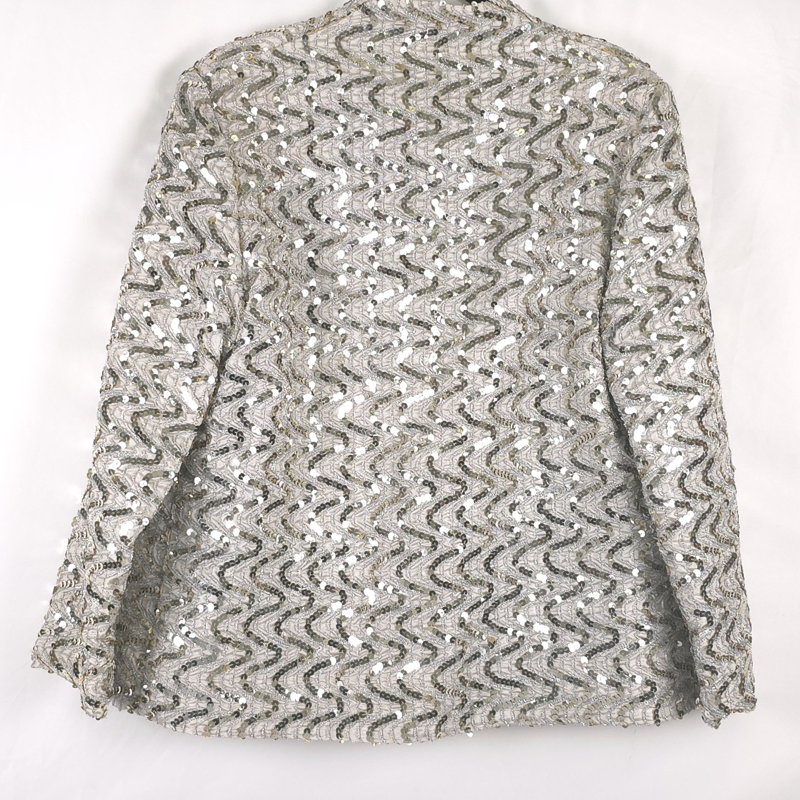 Vintage 80s Miss H MEDIUM Union Handmade Sequin Evening Jacket Open Front Silver