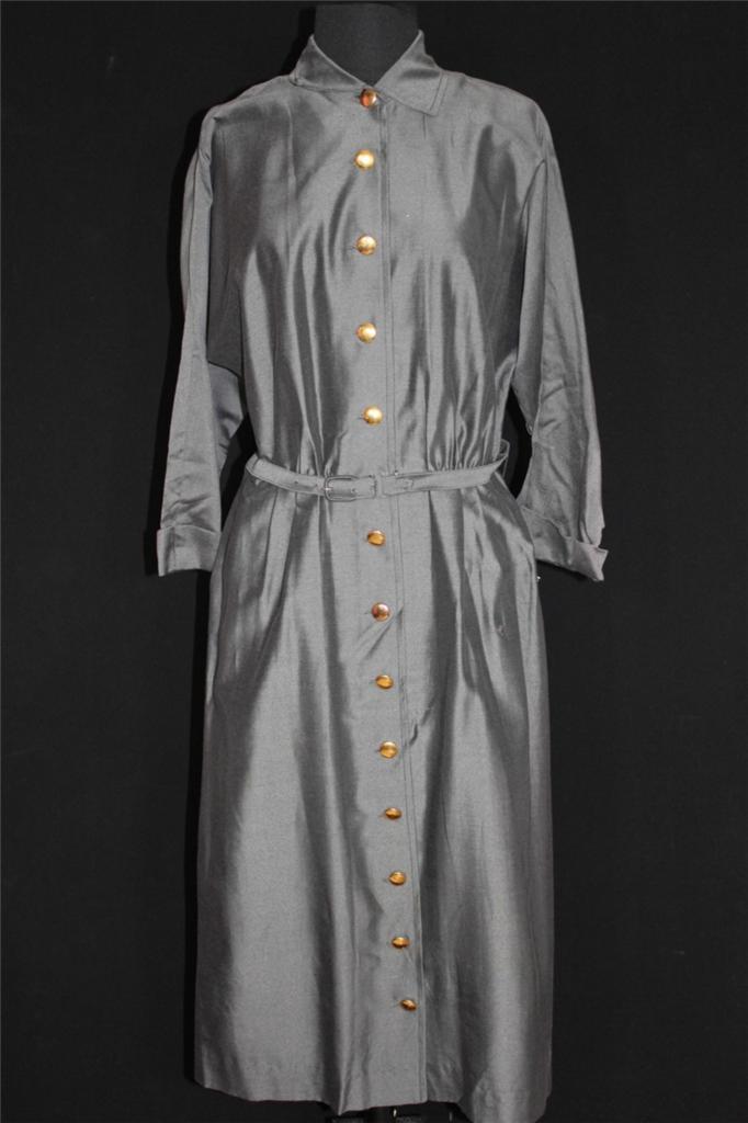 RARE VINTAGE DEADSTOCK 1950’S-1960’S POLISHED COTTON & RAYON GREY DRESS SZ 14-16