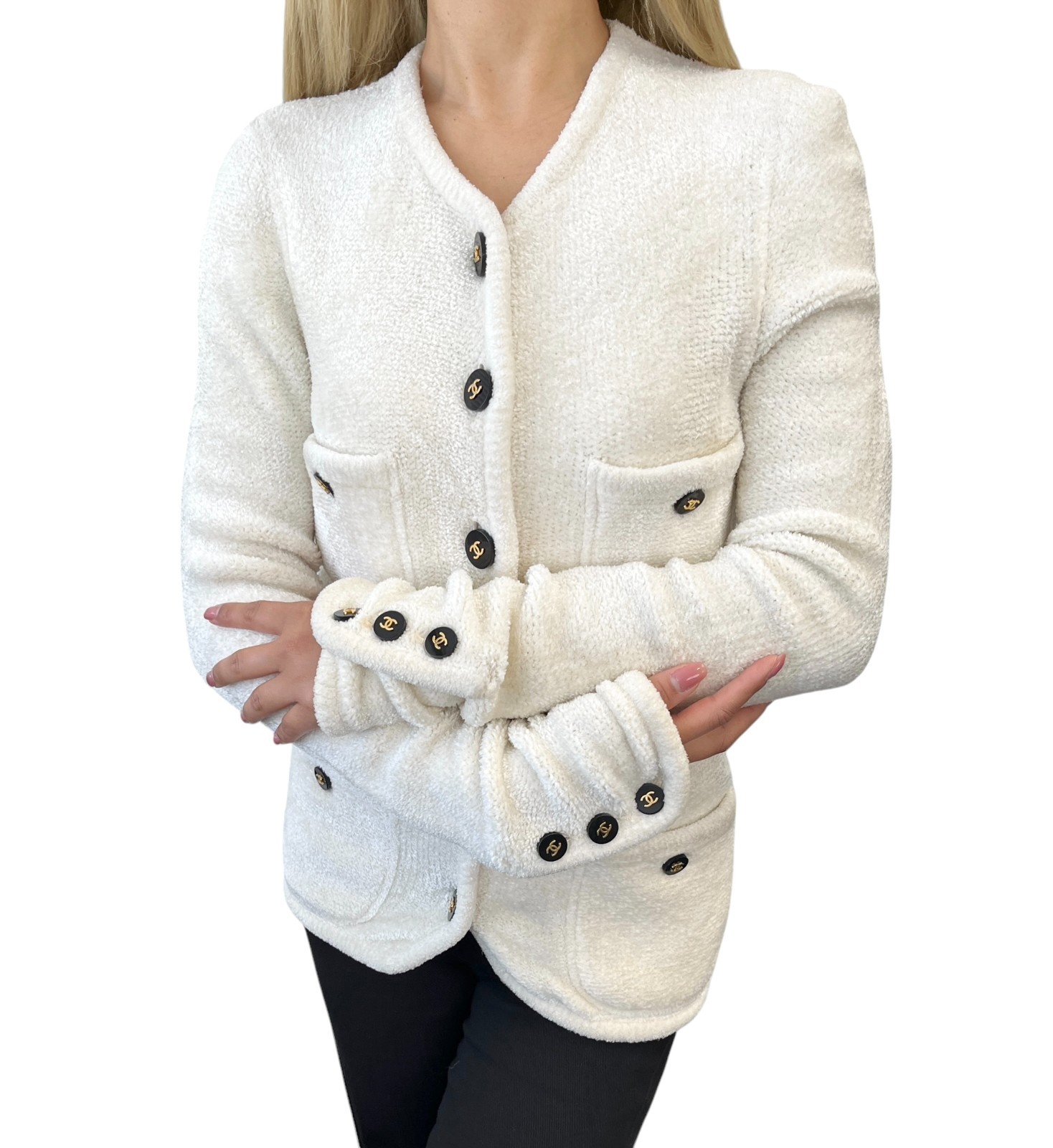 CHANEL Vintage 95A CC Logo Button Velour Cardigan Jacket #42 Cream 902020