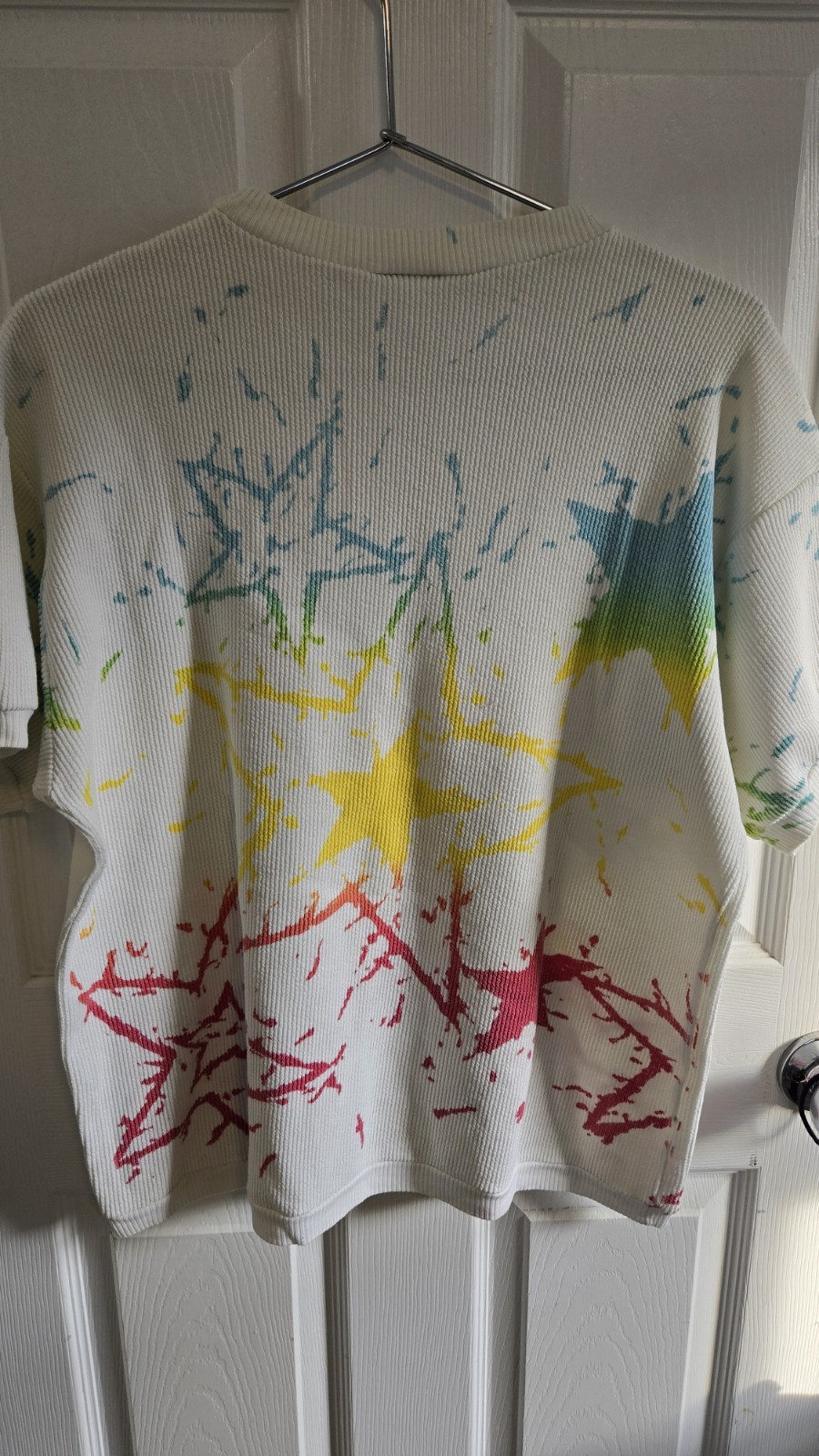 Vintage 80s 90s Starburst Knit Ribbed Top L XL Neon Rainbow Art Top Shirt Star