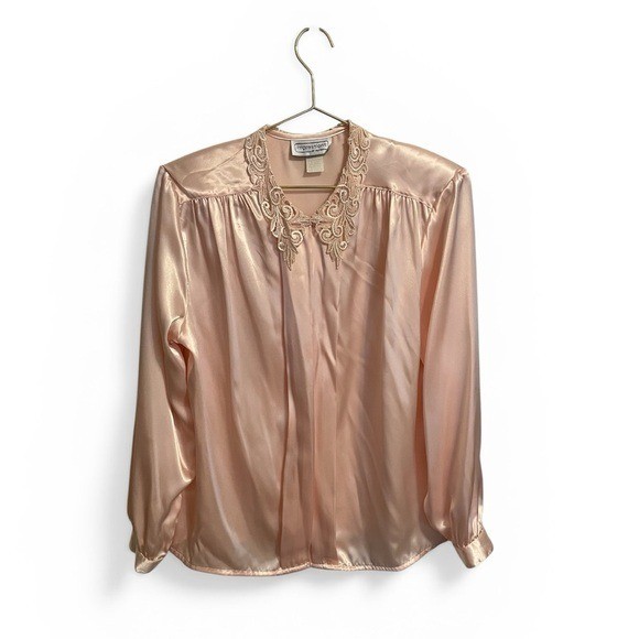 Vintage Impressions of California Peach Satin Lace Collar Blouse Size 14 80s 90s