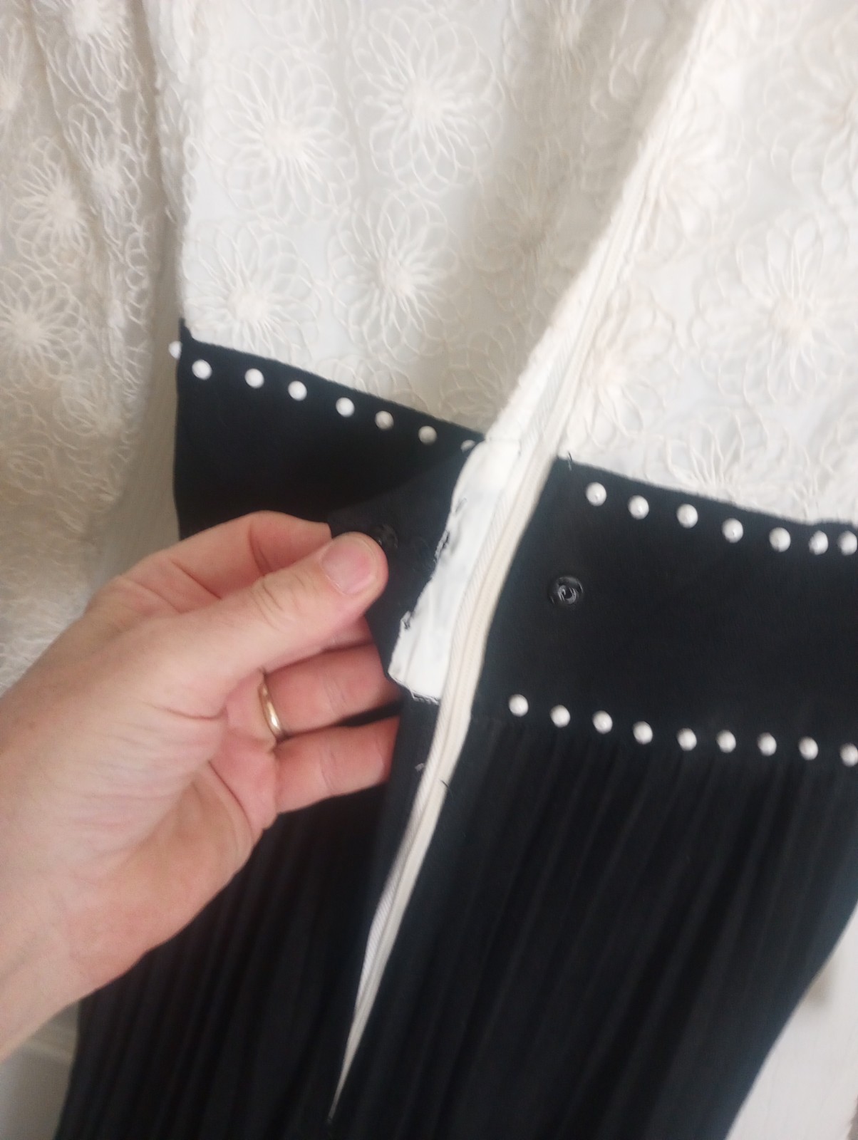 vintage black and white gown, ruffles and floral lace, empire waist no tags