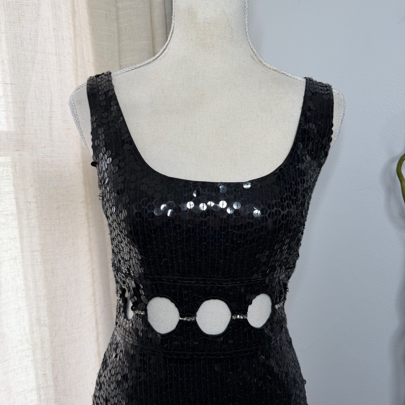 Vintage Niteline Della Roufogali Sequin Cutout Rhinestone Mini Dress Black 4