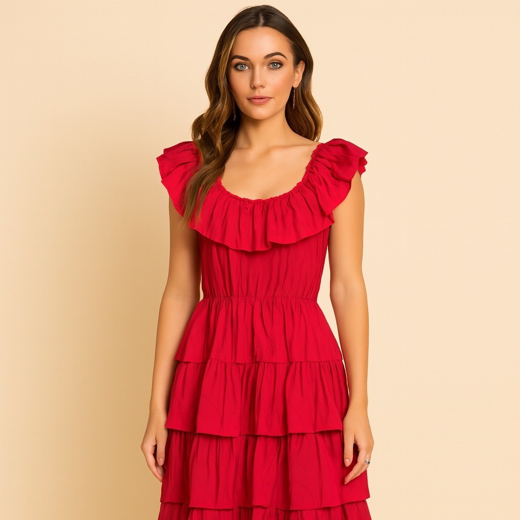 VTG Candi Jones California Red Ruffle Tiered Dress Romantic Prairie Peasant XS