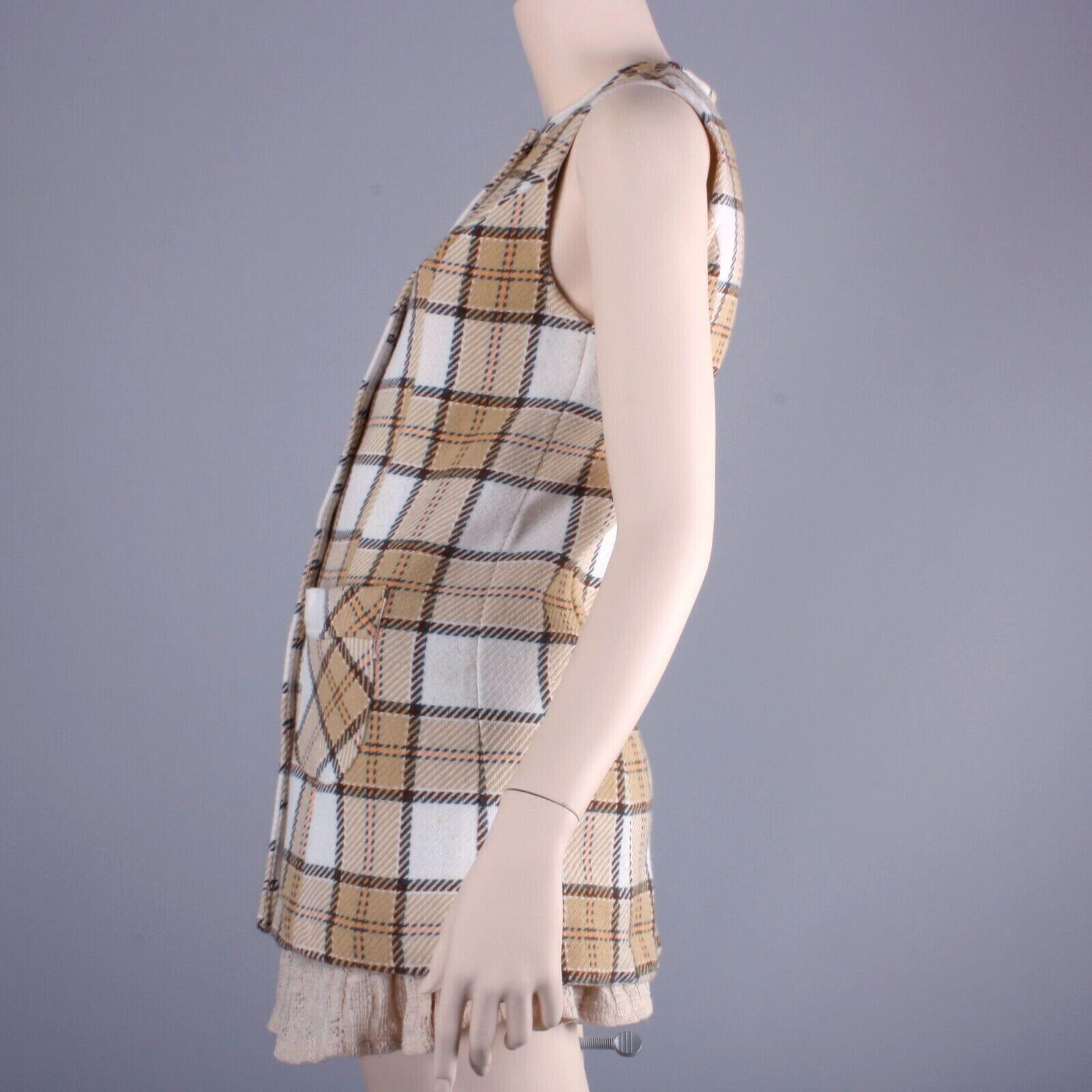 S Vintage 1960s MISS HOLLY Tan White Plaid Mod Top Long Vest Shirt w Pockets 60s