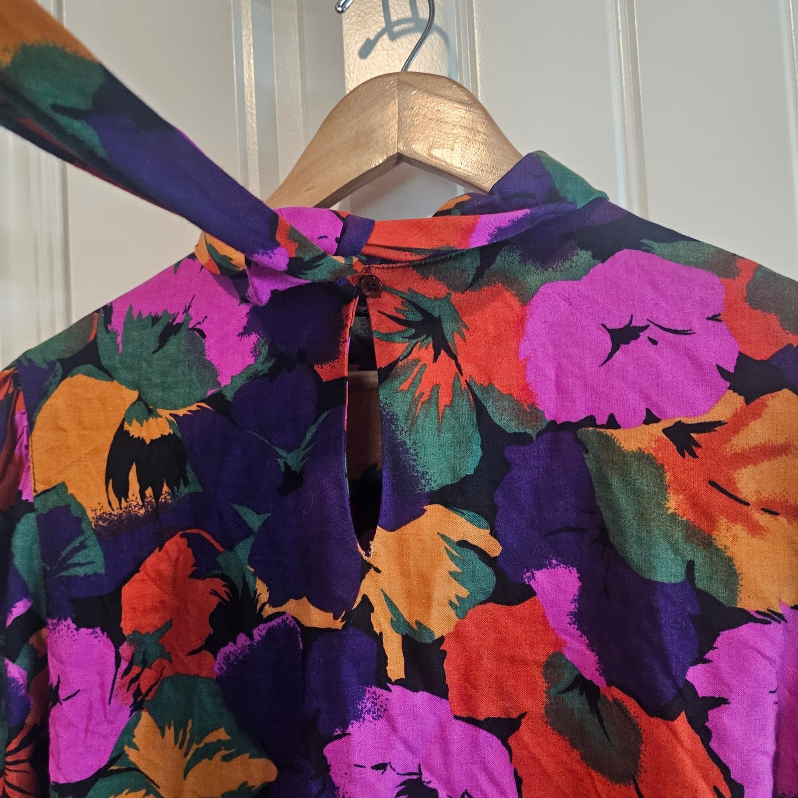 Vintage 80s Floral Blouse Women Large Purple Glam Career Mock Neck Boho Retro