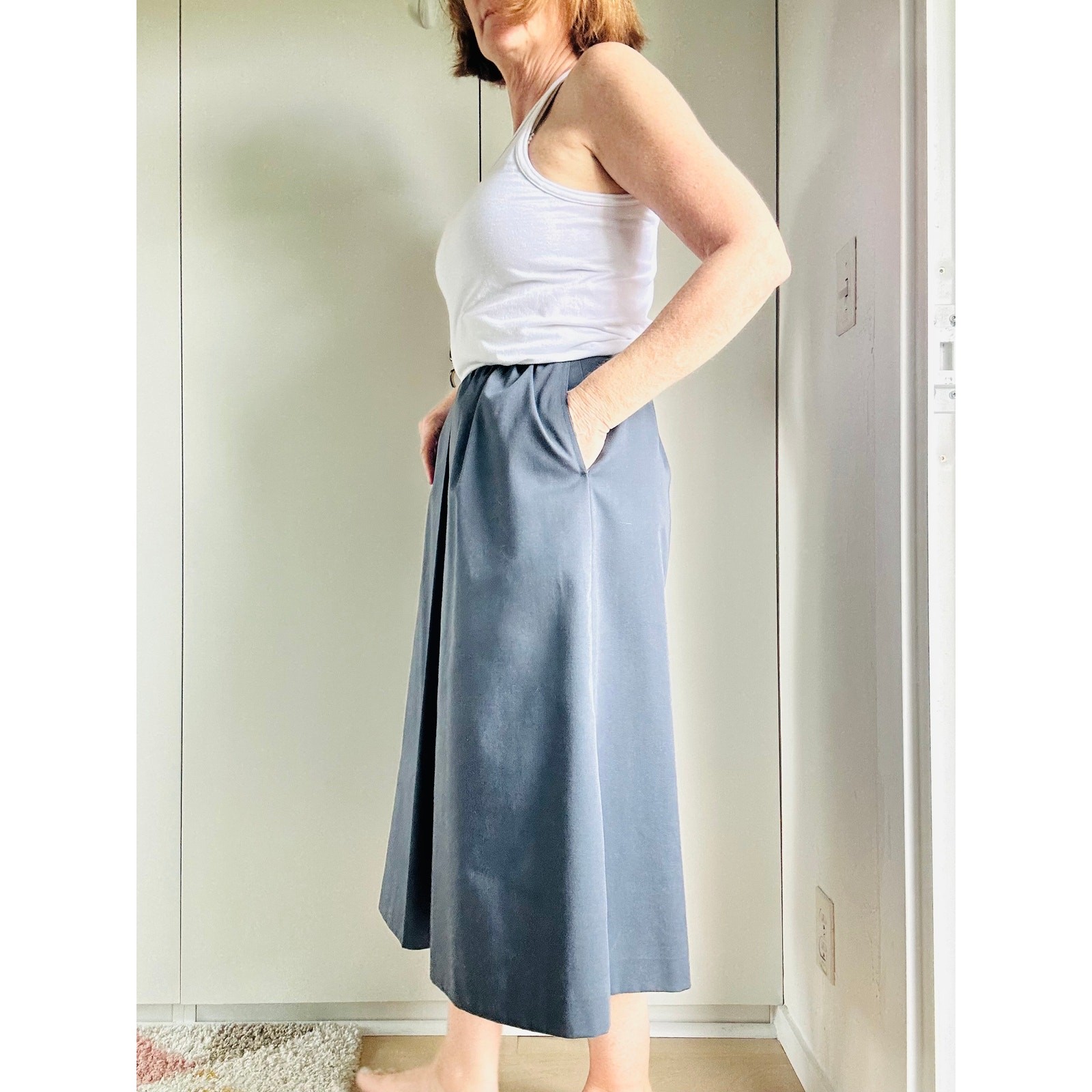 Vintage 90s Lands’ End Cotton Midi Skirt Size M Grey Made USA Classic Normcore