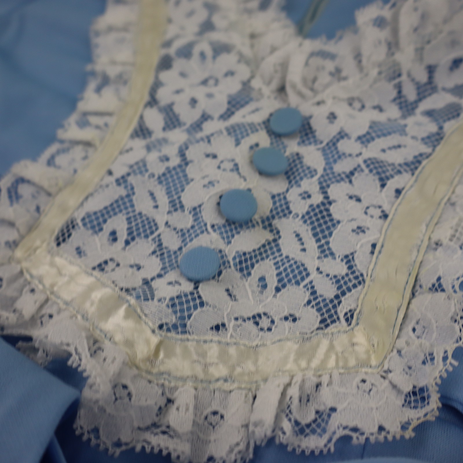 Vtg 1970s Baby Blue Lace Trim Prairie Maxi Dress Puff Sleeve Cottagecore XS/S