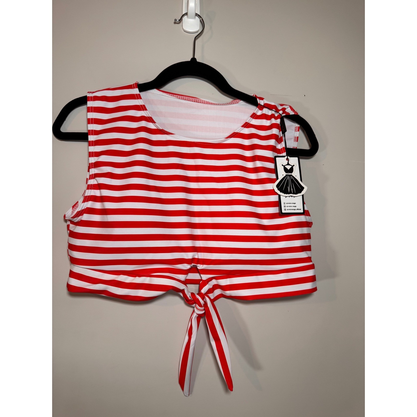 Retro Stage Red White Striped Front Tie Swim Top Size XL