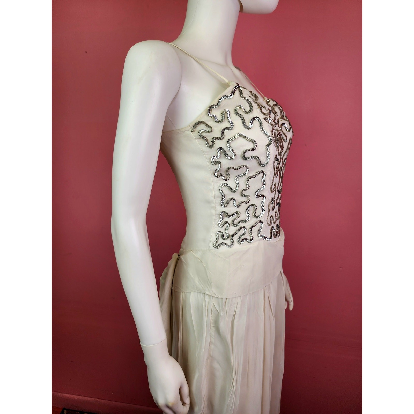 Vintage Late 1940’s White and Silver Sequin Bodice Chiffon Gown with Bow Back