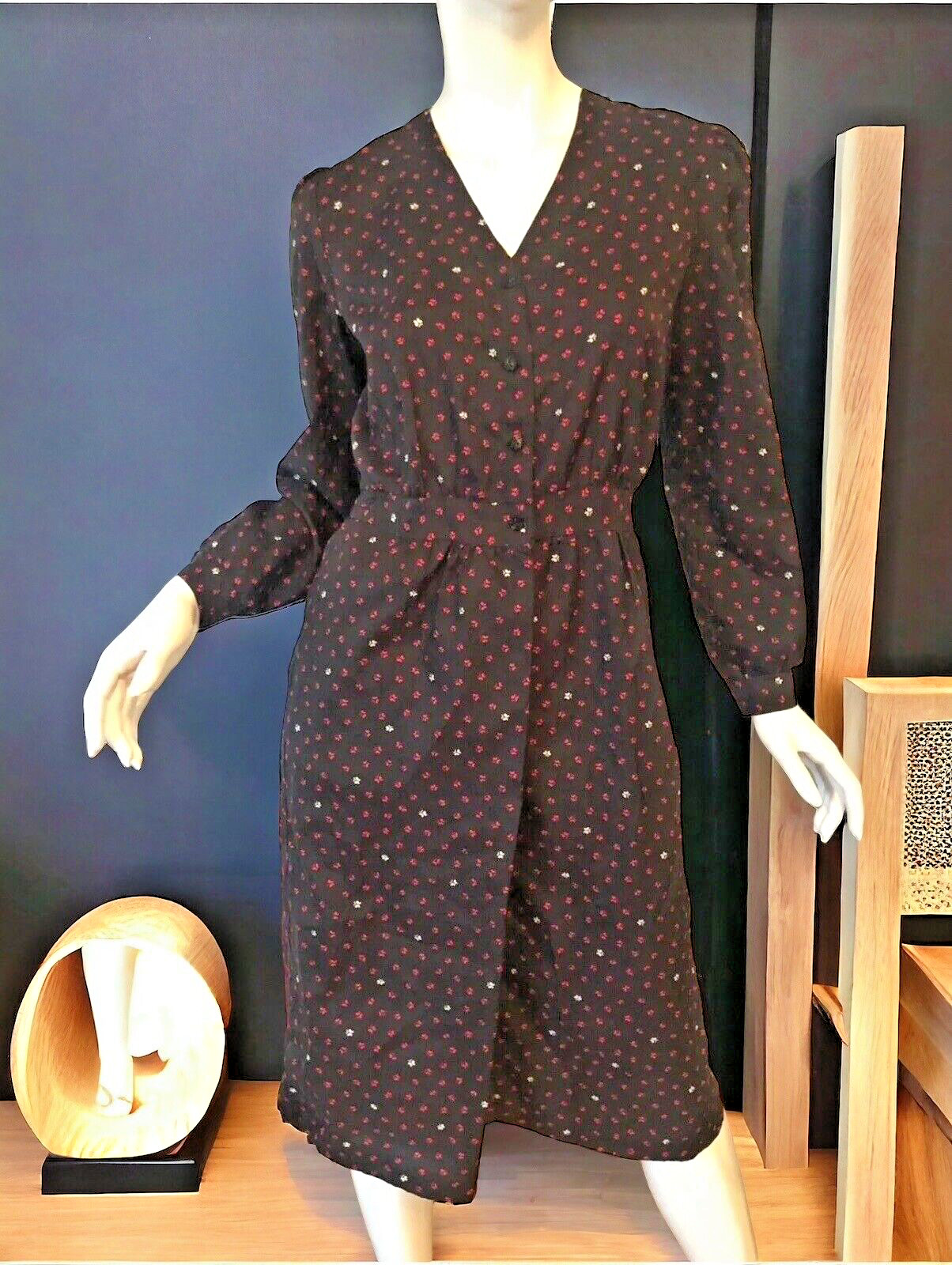 Dress 7 Vtg 70s 80s Poly WHIMSY BUTTERFLY Print PUFF SLEEVE Secretary DISCO S M
