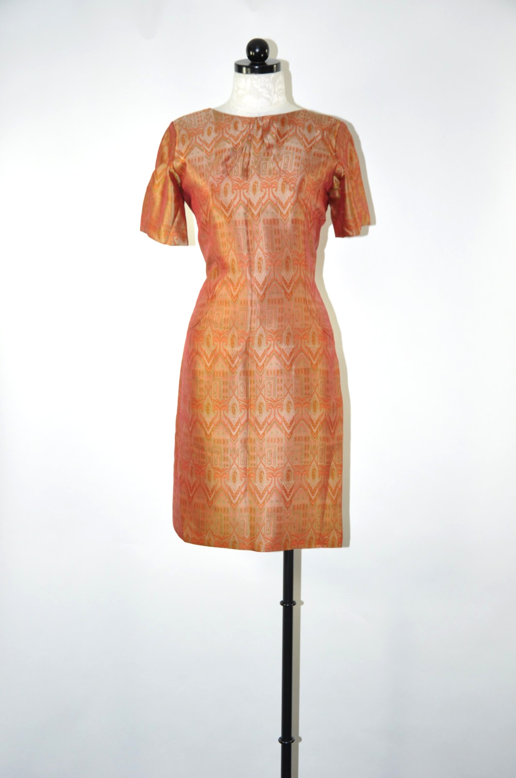 60s Vintage Copper Rust Brown Silk Ikat Short Sleeve Wiggle Dress Women S M