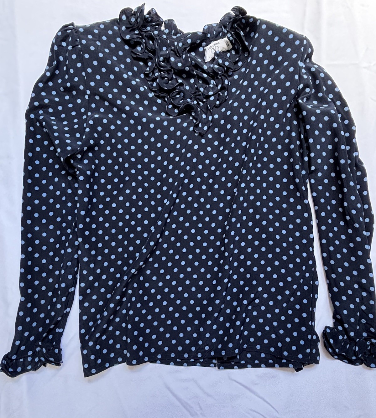Vintage Valentino Miss V Blouse Navy & Light Blue Polka Dot Made Italy, Sz 38/4