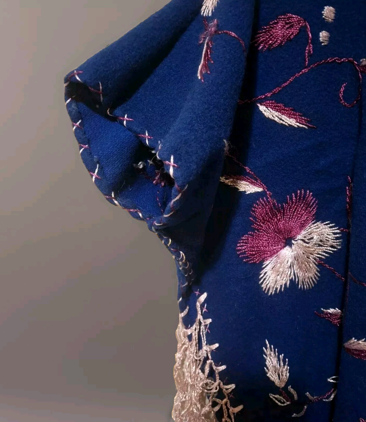 Indigo Floral Fringe Poncho Medium Vintage