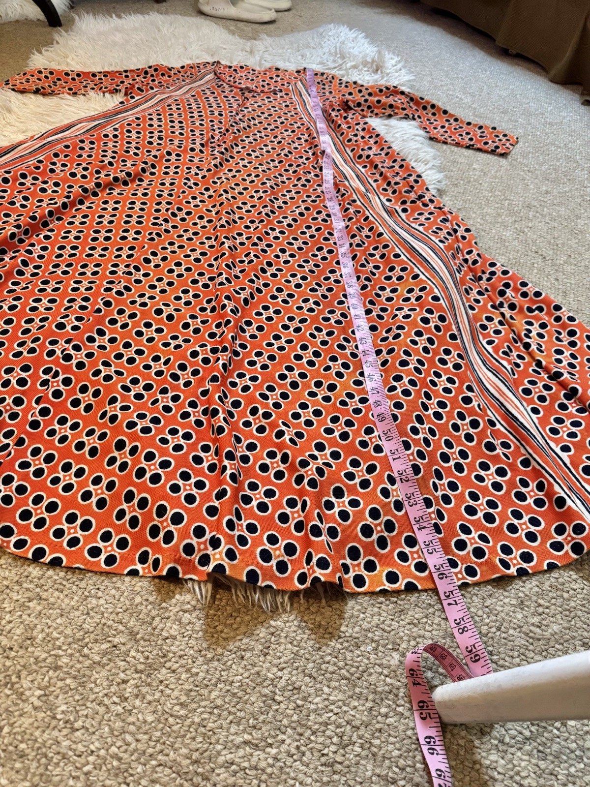 Vtg 60s 70s Orange Navy Caftan Maxi Hostess Dress Gown Plunge Zipper Pocket Pop