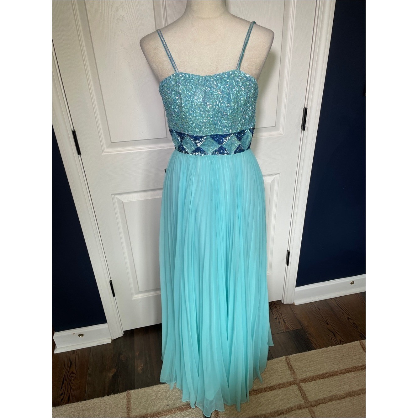 EUC Vintage 60s 70s Mike Benet Aqua Sequin Chiffon Sleeveless Maxi Dress Size 00