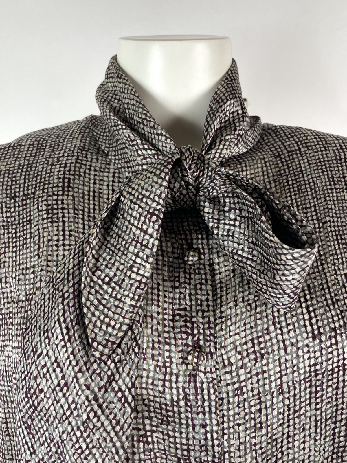 St. John Vintage Gold Metallic Burgundy Neck Tie Blouse 8