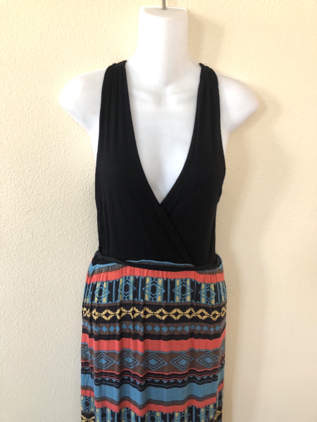 Y2K Vintage Papaya Boho Fairy Grunge Halter Top Maxi Dress Aztec Print Black M