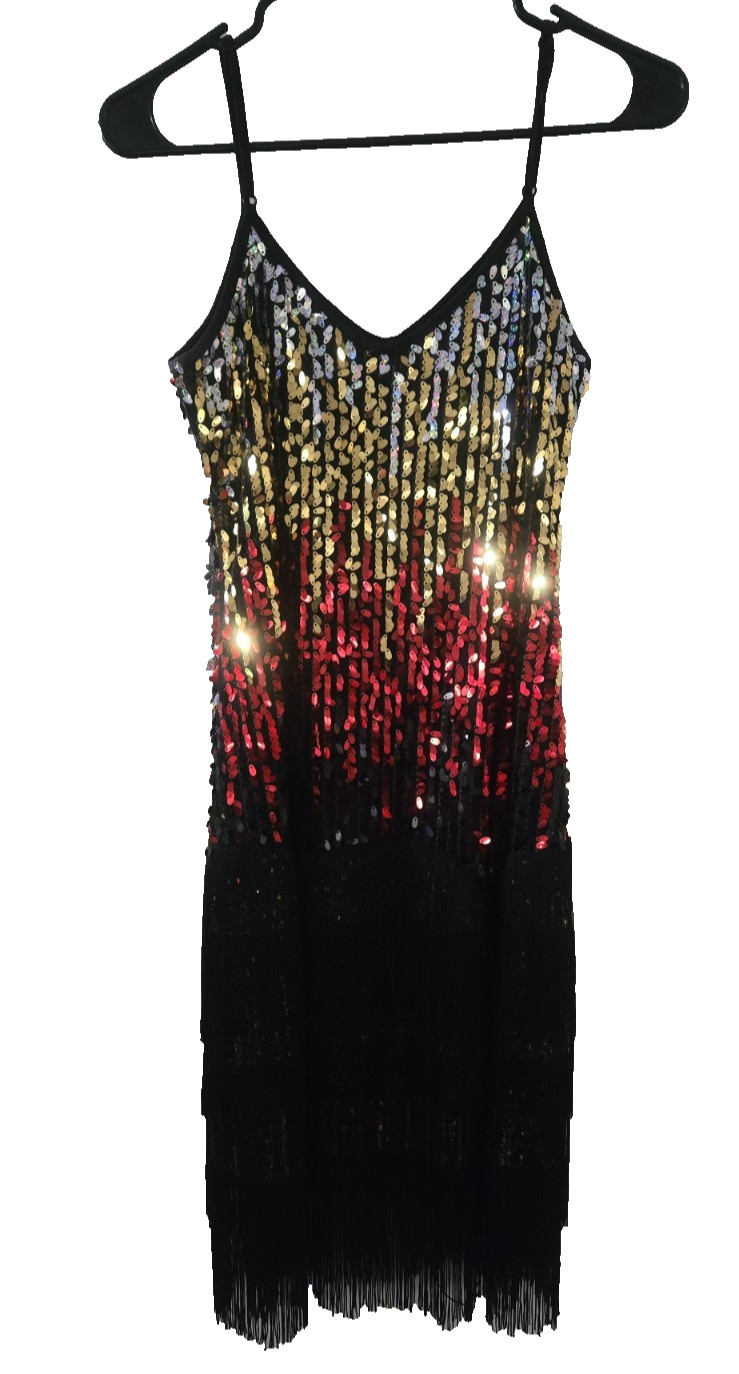 Flapper Gradient Sequin Fringe Party Dress w/Adjustable Straps Size Small