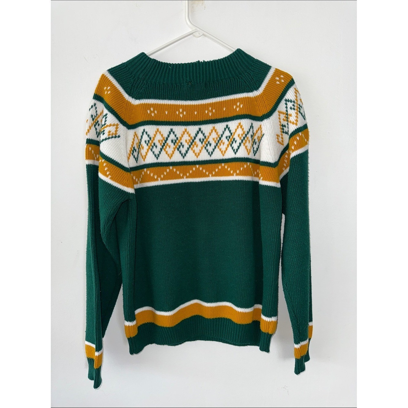 Vintage 1970s Nordic Ski Sweater Green Gold White Geometric Fair Isle Large