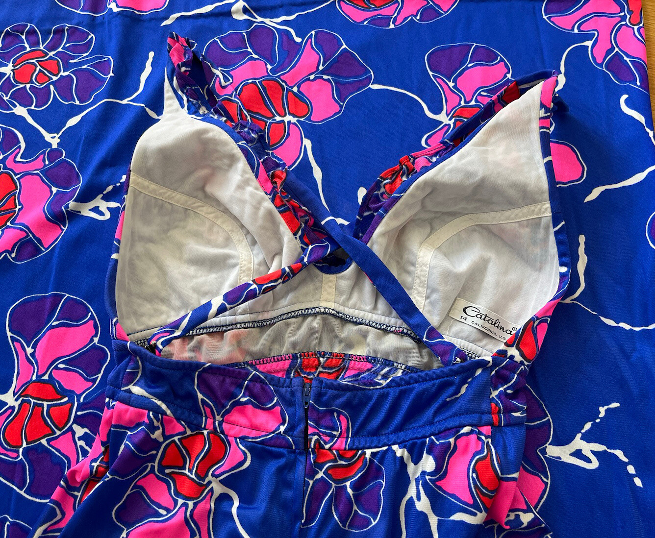 Vintage 70’s Dress Catalina 14 6 S California Neon Pink Blue Bra Top Maxi Beach