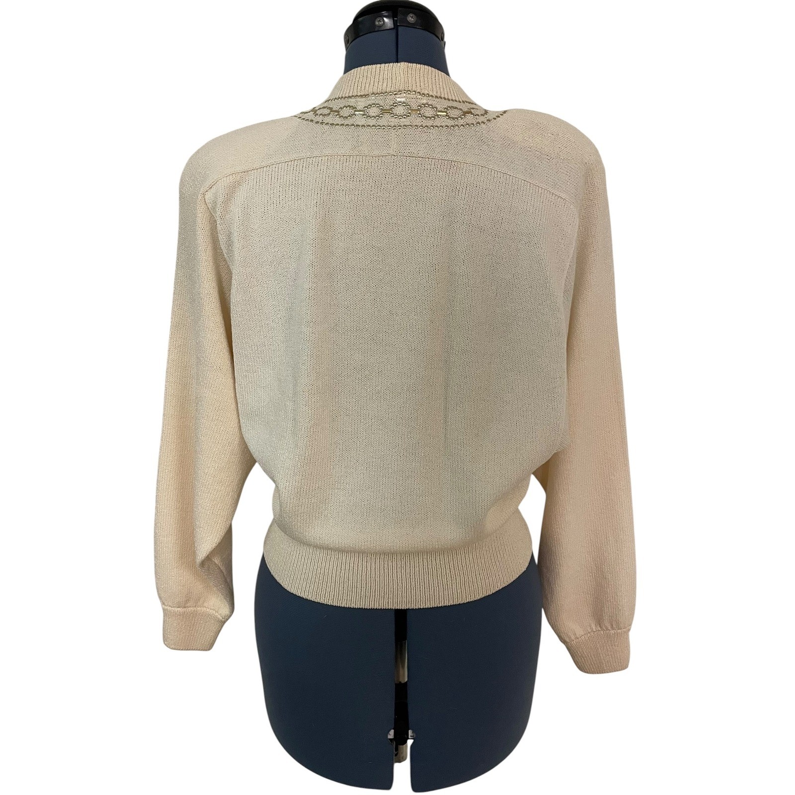 Vtg St. John Cream Beaded Faux Wrap Santana Knit Batwing Sleeve Sweater Retro M