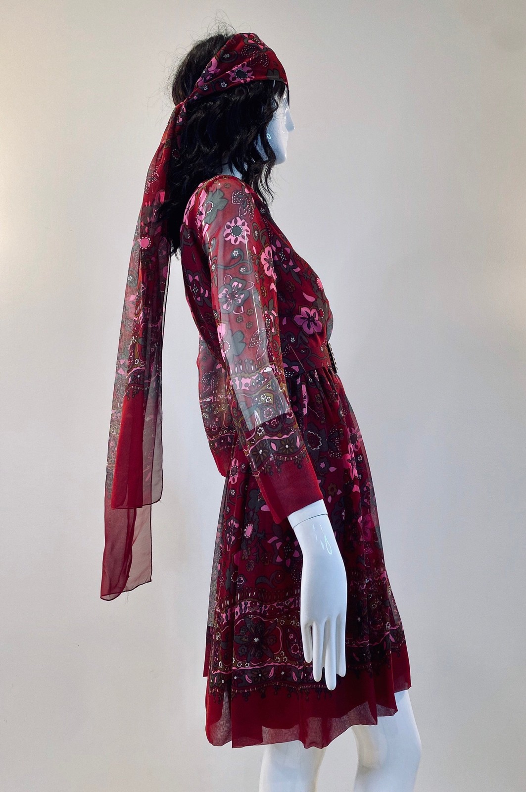 60s Adele Simpson Silk Flower Power Chiffon Dress with Belts and Sash Ensemble