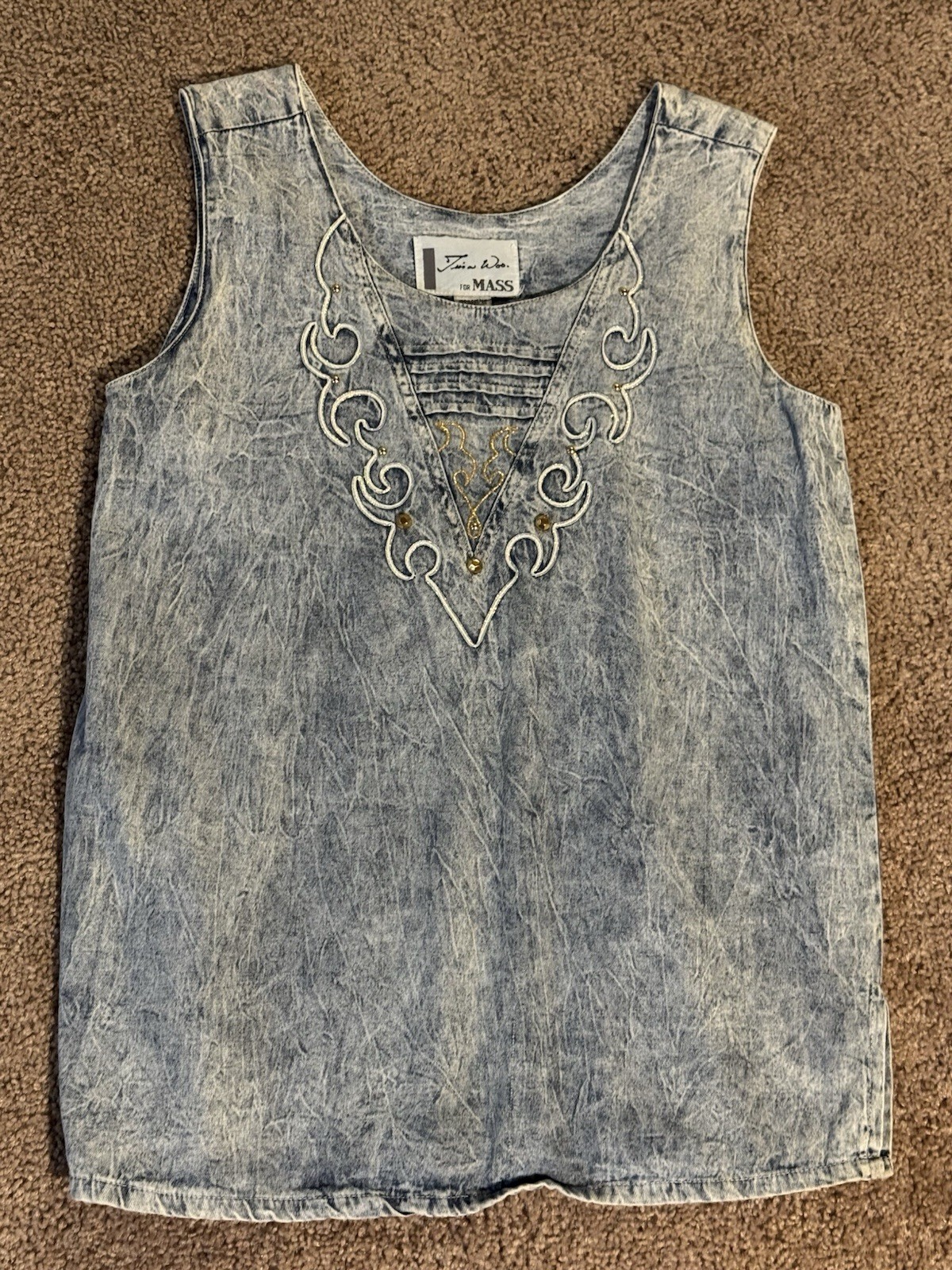 Vintage Tina Woo for Mass Women’s Sz M Acid Wash Sleeveless Top Embellished