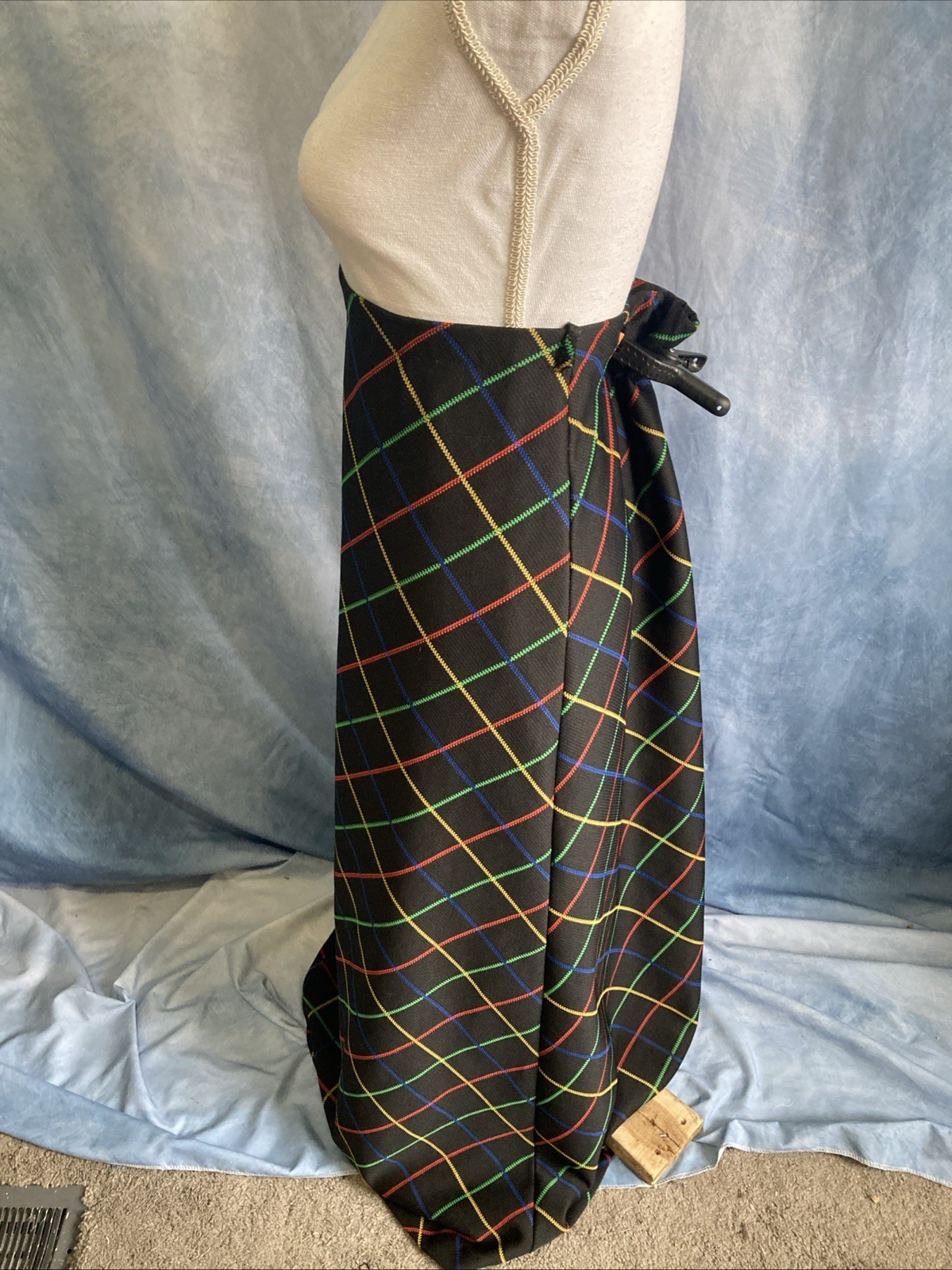 Vtg 70s rrrruss Russ Togs Rainbow Windowpane Plaid Maxi Skirt Black EUC 7020