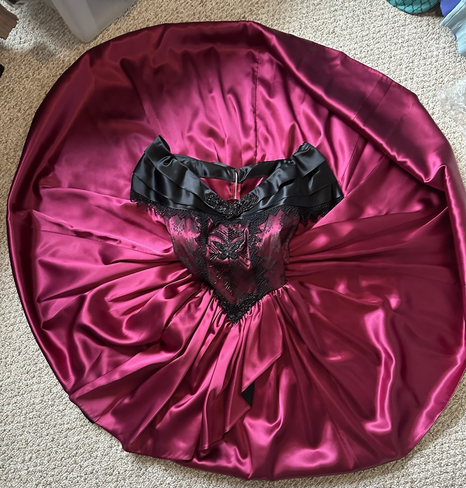Gorgeous Vintage Burgundy & Black Evening Gown W/Hand Sewn Beading/Corset bodice