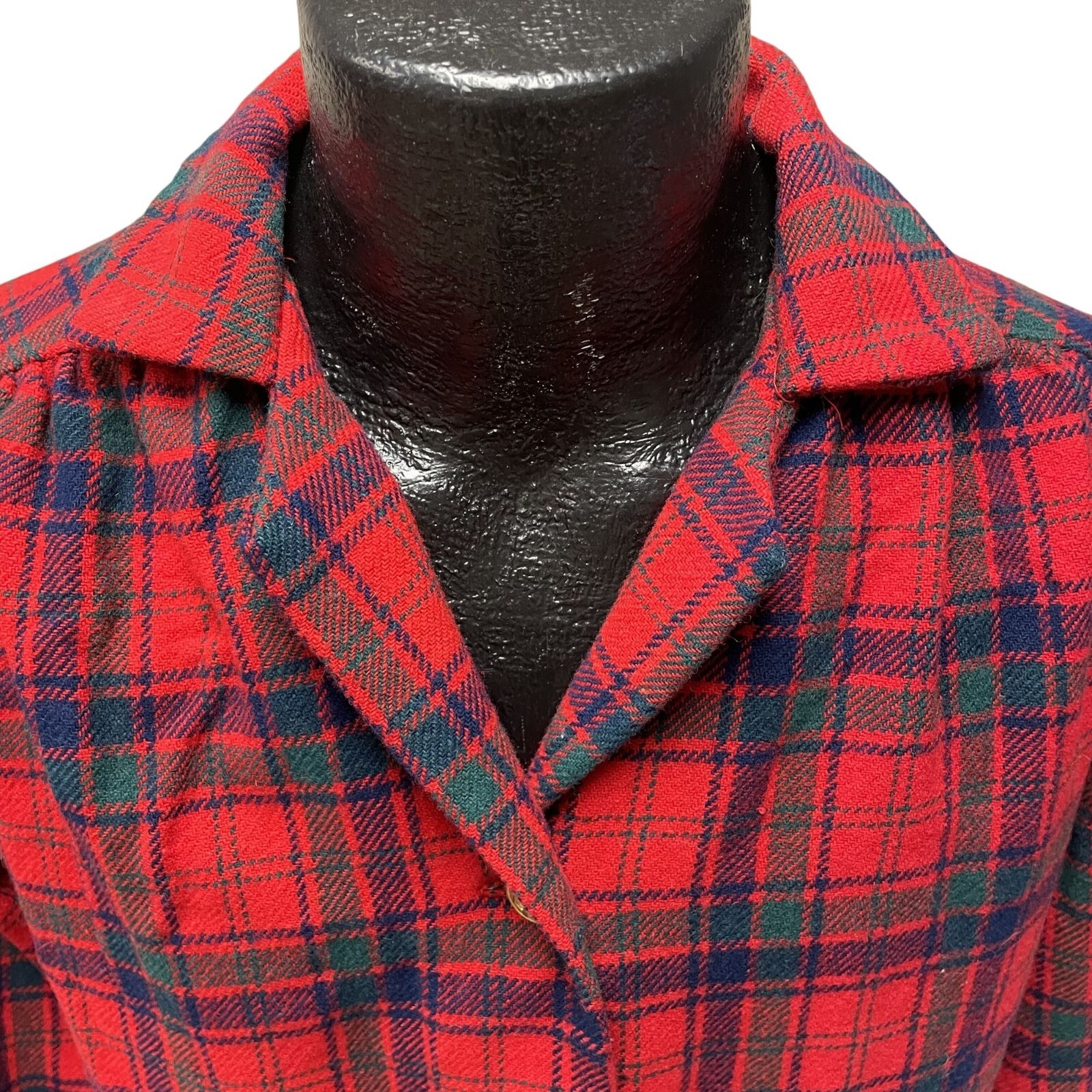 Vtg 80’s Cascade Fabrics RED Green PLAID Wool TWEED Gold Btn Jacket Suit Blazer