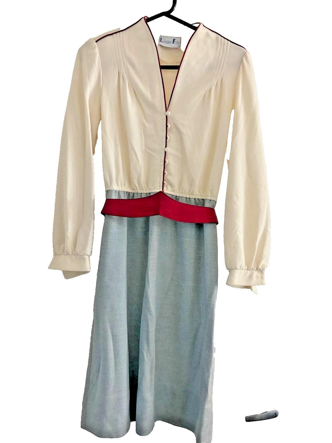 Leslie Fay 1980s Vintage Maroon and Cream Colored Pleated Long Sleeve Dress