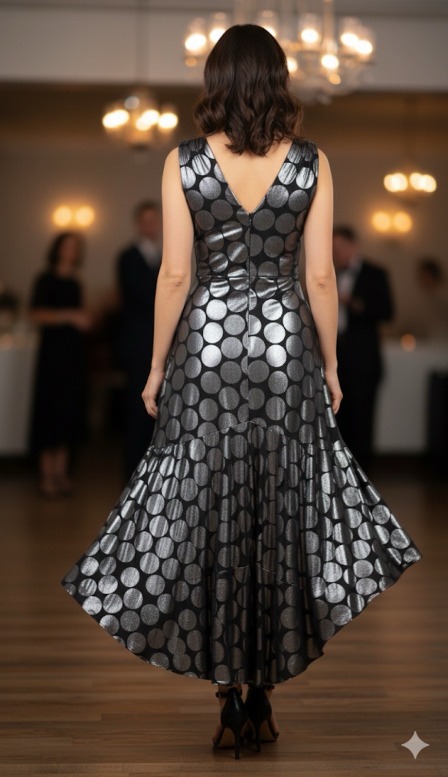 Vtg Joseph Ribkoff Tiered Black Metallic Polka Dot NYE Holiday Party Dress 8