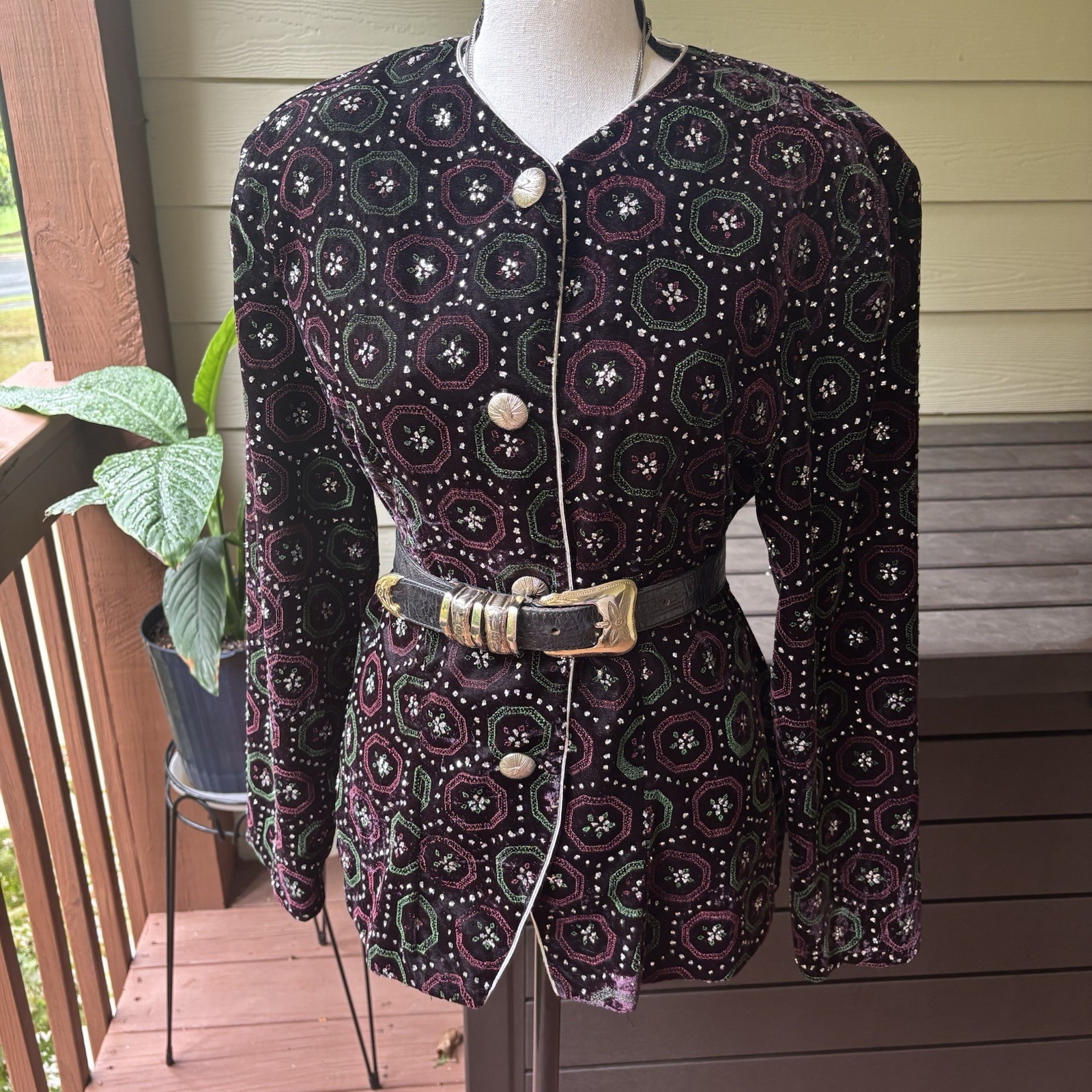 VTG 80s 90s Ellen Ashley Velvet Glitter Embellished Jacket Cardigan Size 8
